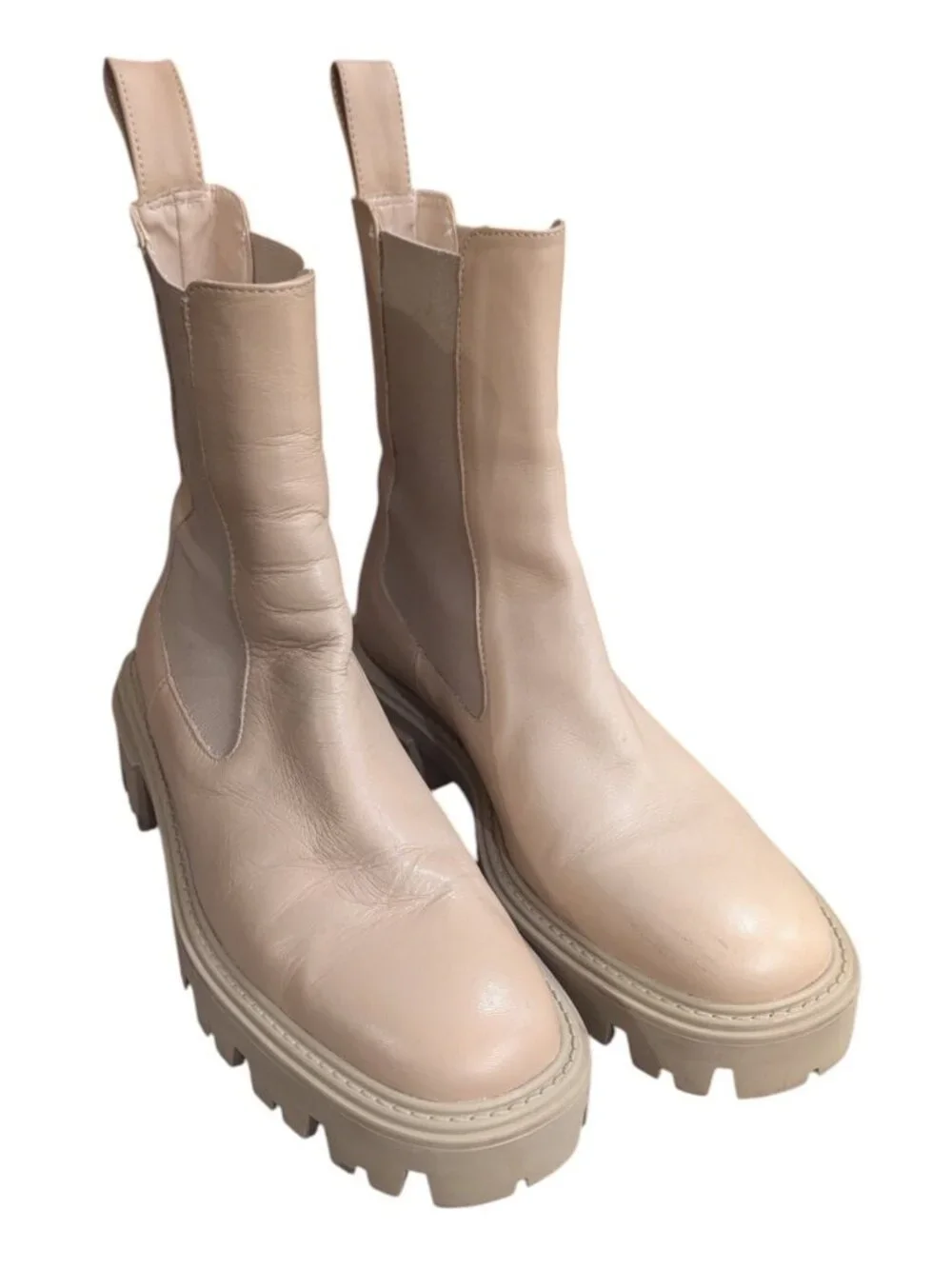 Zara Womens Beige Leather Chunky Lug Sole Chelsea Ankle Boots Sz 37 / 6.5 - Picture 2 of 7